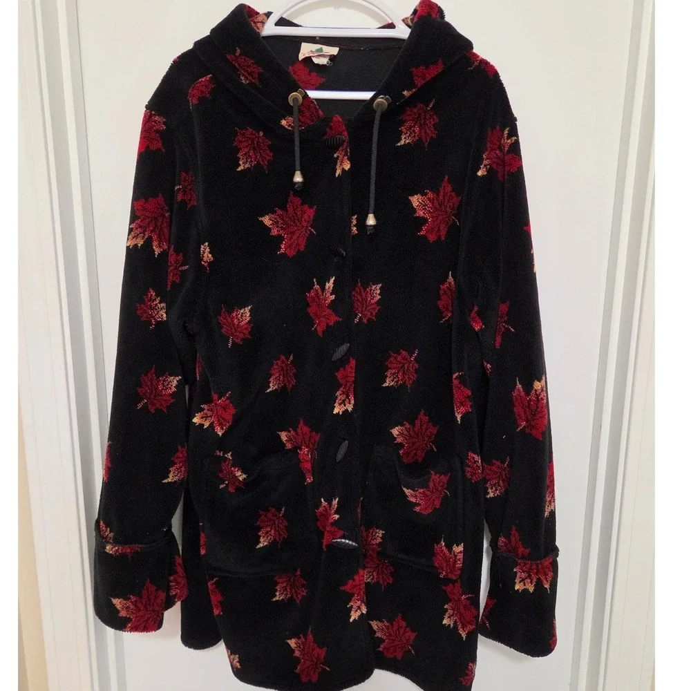 Quality Goods Canada Maple Leaf Fleece Hooded Toggle Coat Black Red Large